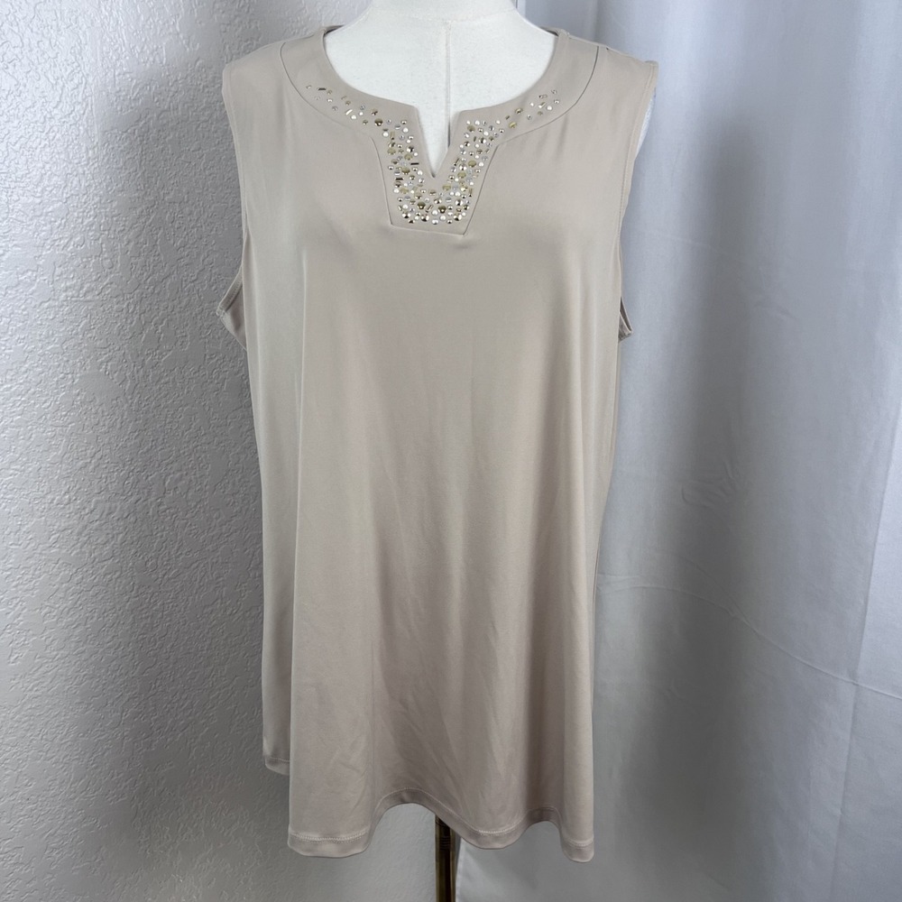 Susan Graver Tank Top Womens 1X Beige Liquid Knit Embellished Career Layering